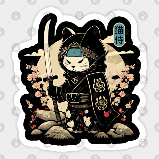 Japanese Samurai Cat Tattoo, Kawaii Ninja Cat Sticker by Apocatnipse Meow